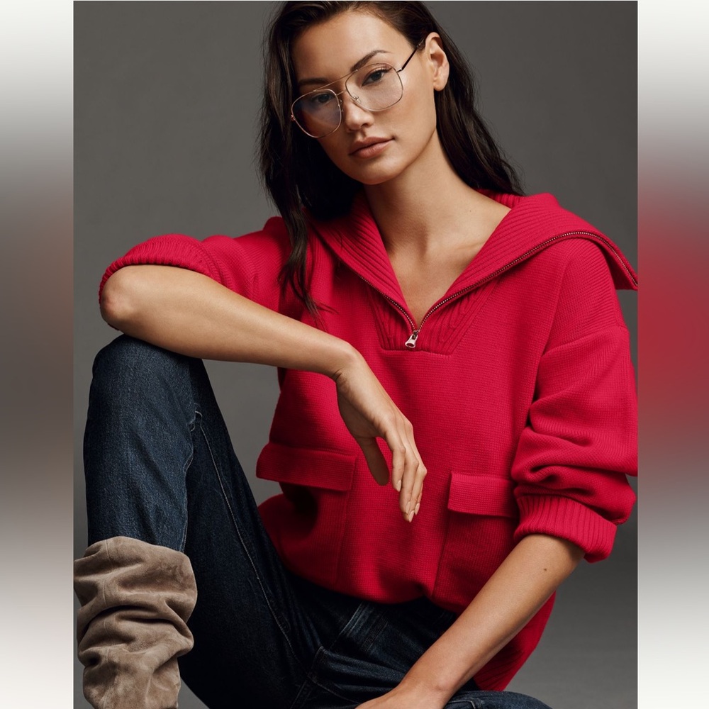 Anthropologie English Factory Half-Zip Pullover Sweater in Red size Medium